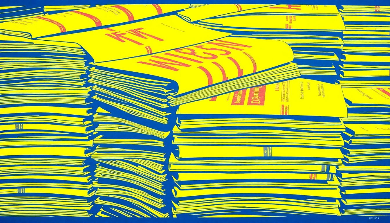 A bold, colorful silkscreen-style illustration featuring a repeating grid of stacked newspapers or magazines, representing the vibrant student journalism at Wausau West High School.