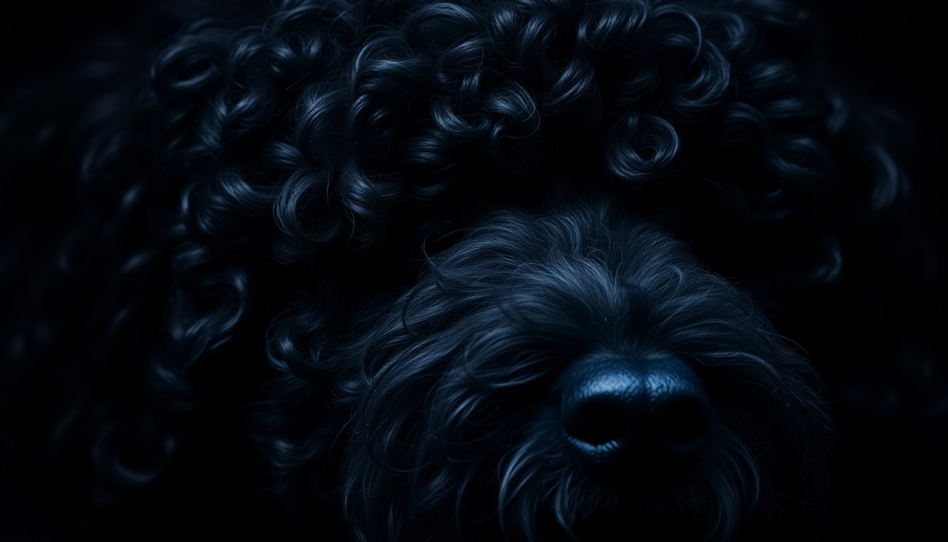 An extreme close-up photograph of a poodle's curly, textured fur, captured in dramatic, high-contrast lighting to create an intimate, serious mood without words.