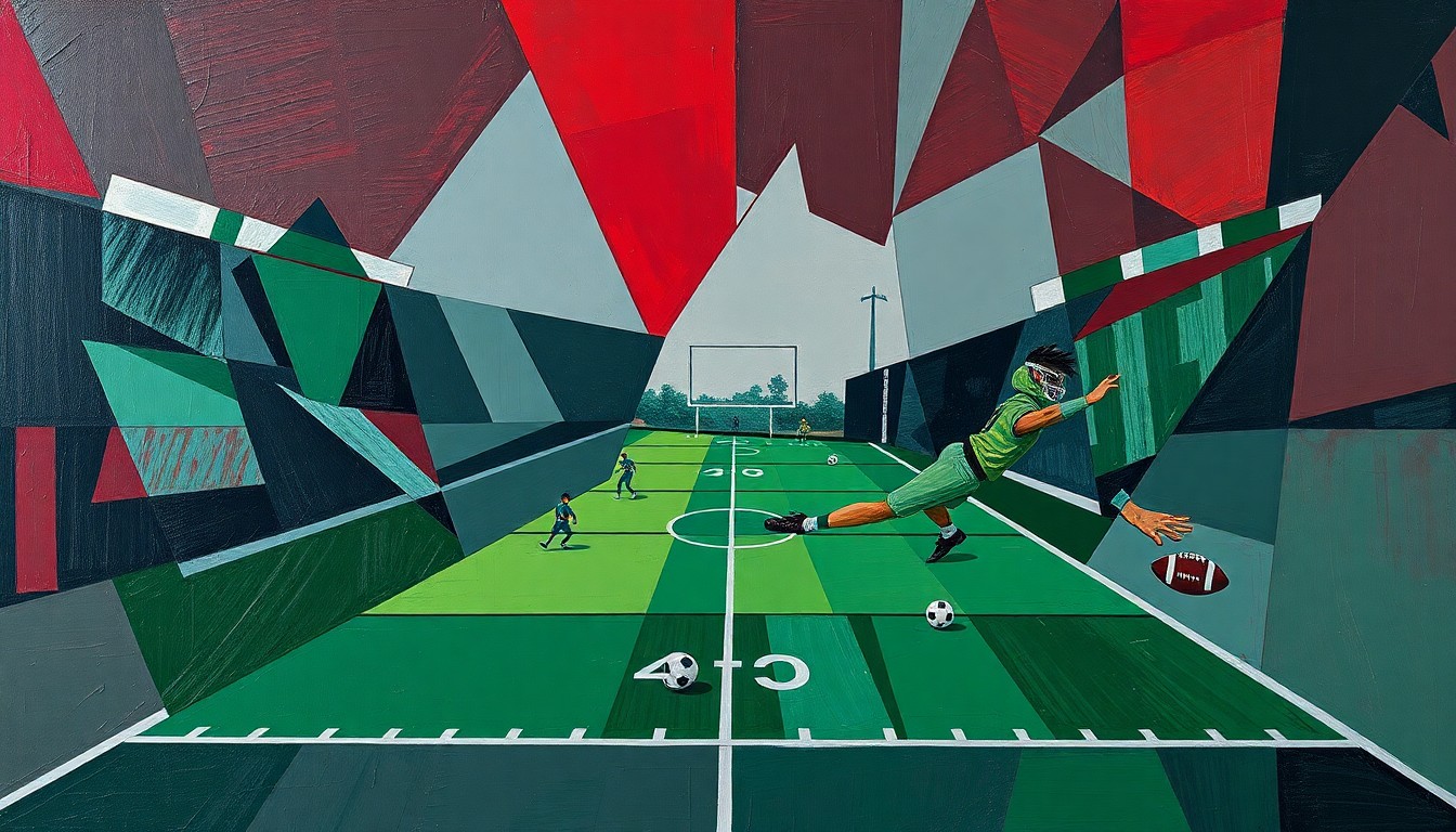 A fragmented, cubist-style painting depicting a high school football game or match, with the players and field broken down into sharp, overlapping geometric shapes in shades of burgundy, green, and grey, conveying the disruption and uncertainty faced by Comeaux's athletes.