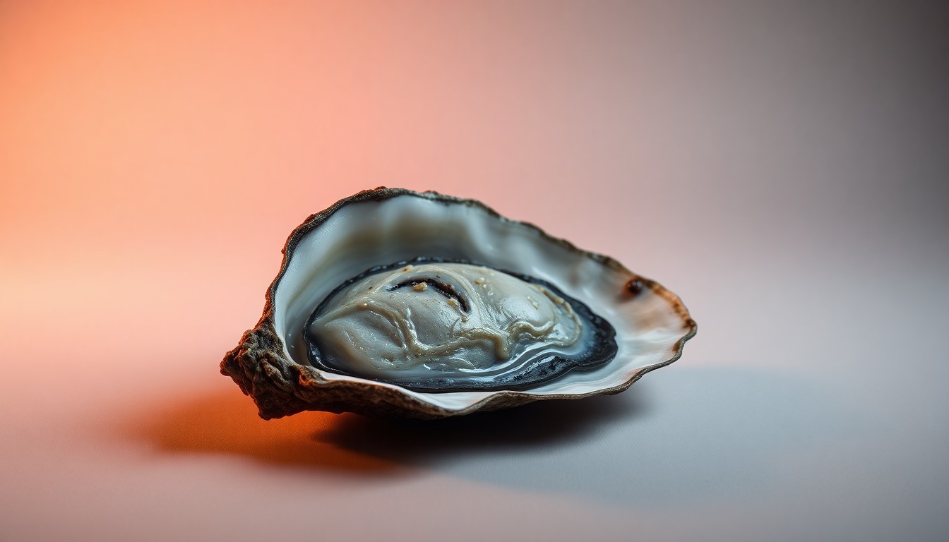 A close-up, high-contrast photograph of a single oyster shell resting on a plain gray background, its natural textures and colors dramatically lit to convey the premium quality and care taken in Georgia's oyster farming practices.