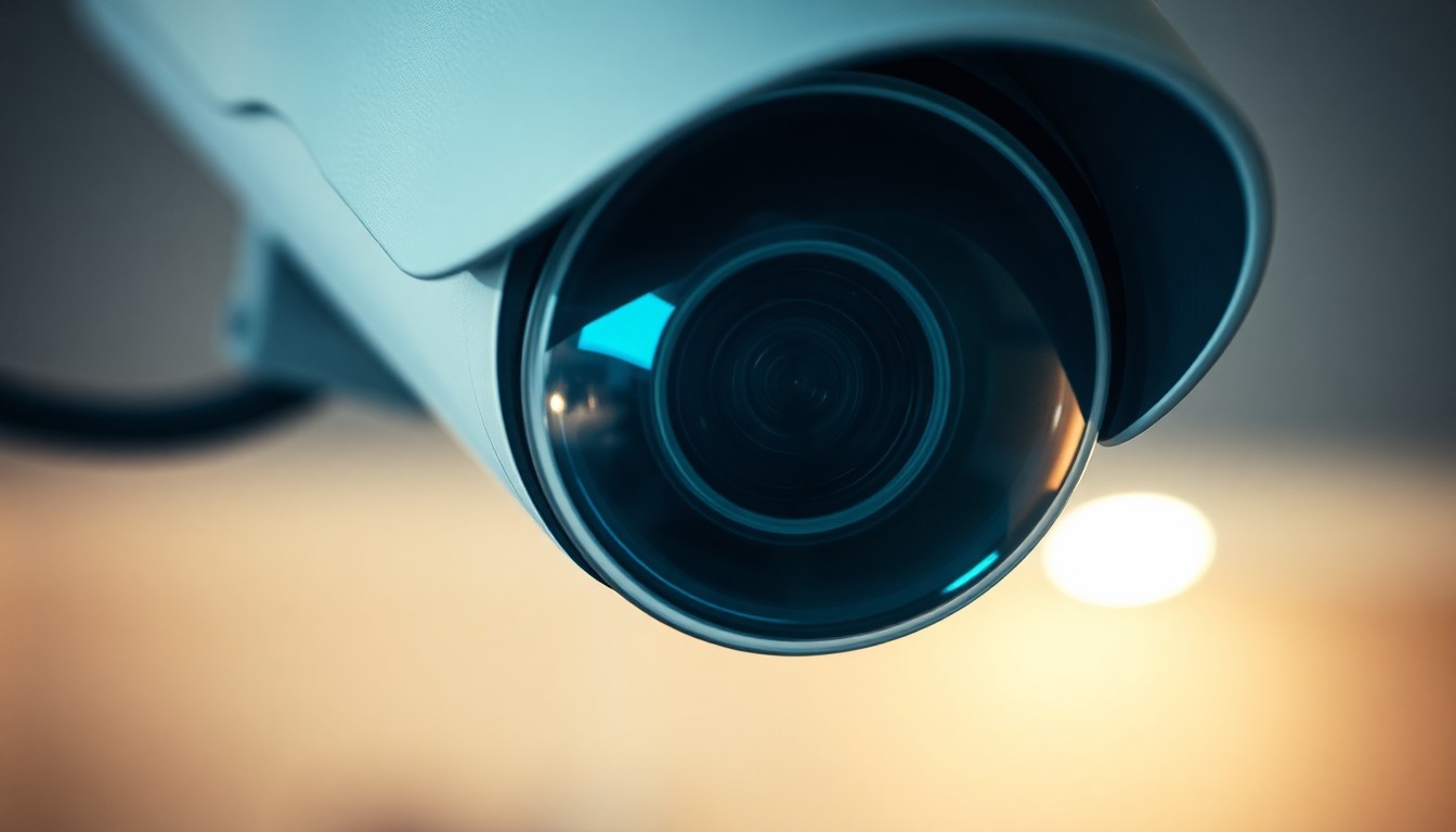 An extreme close-up photograph of a security camera lens reflecting a bright light, creating a stark, gritty, investigative aesthetic without depicting any actual violence or crime scenes.