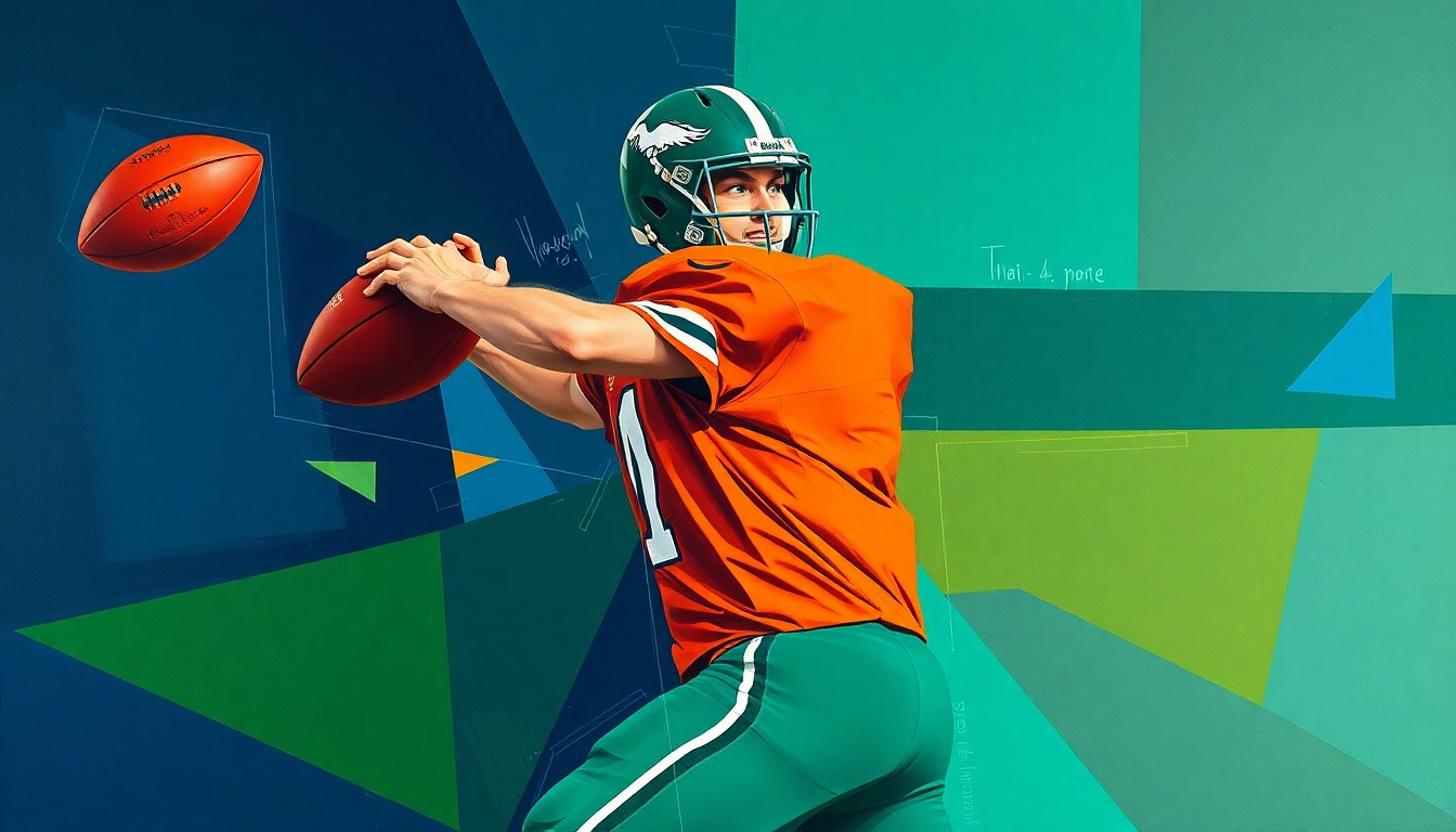 A cubist, geometric painting depicting a quarterback dropping back to pass, with sharp, overlapping planes of navy, green, and orange conveying the dynamic movement and energy of the play.