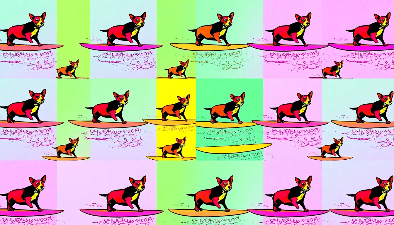 A brightly colored, high-contrast silkscreen print of a single, iconic surfing dog repeated in a tight grid pattern, capturing the playful and vibrant energy of the East Coast Dog Surfing Festival.