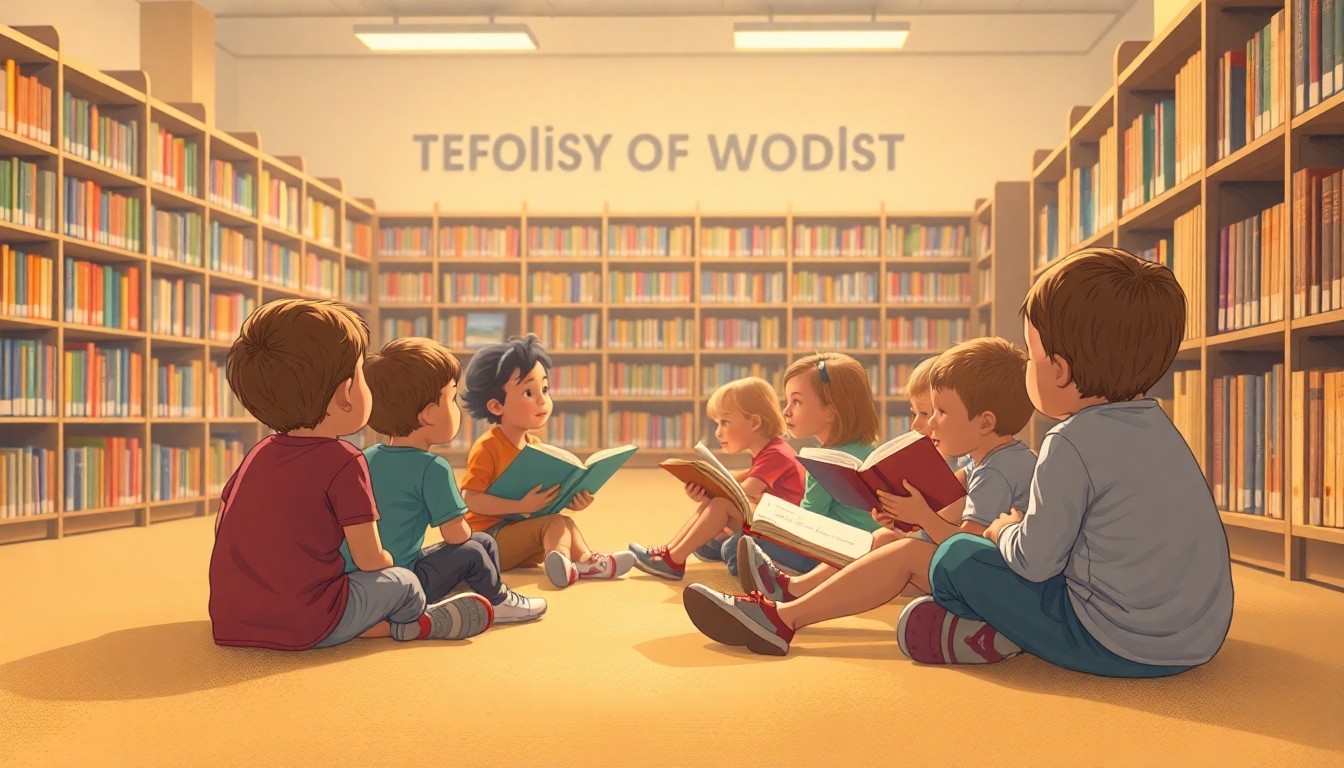 An abstract, out-of-focus photograph showing the blurred silhouettes of children sitting on a carpeted library floor, listening to an adult reading from a book, with soft pools of warm light and color in the background.