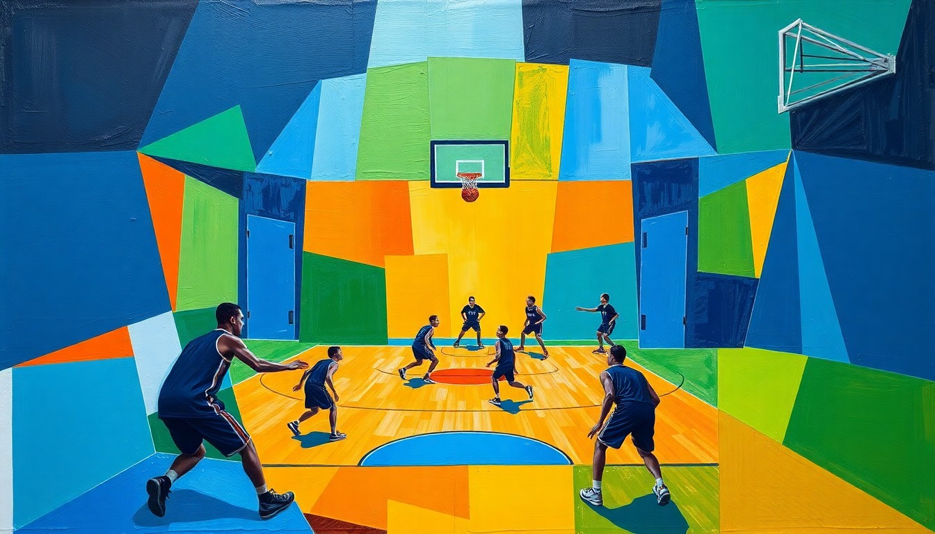 A fragmented, geometric painting in bold colors depicting the action and movement of a high school basketball game, with the players and court deconstructed into abstract shapes and planes.