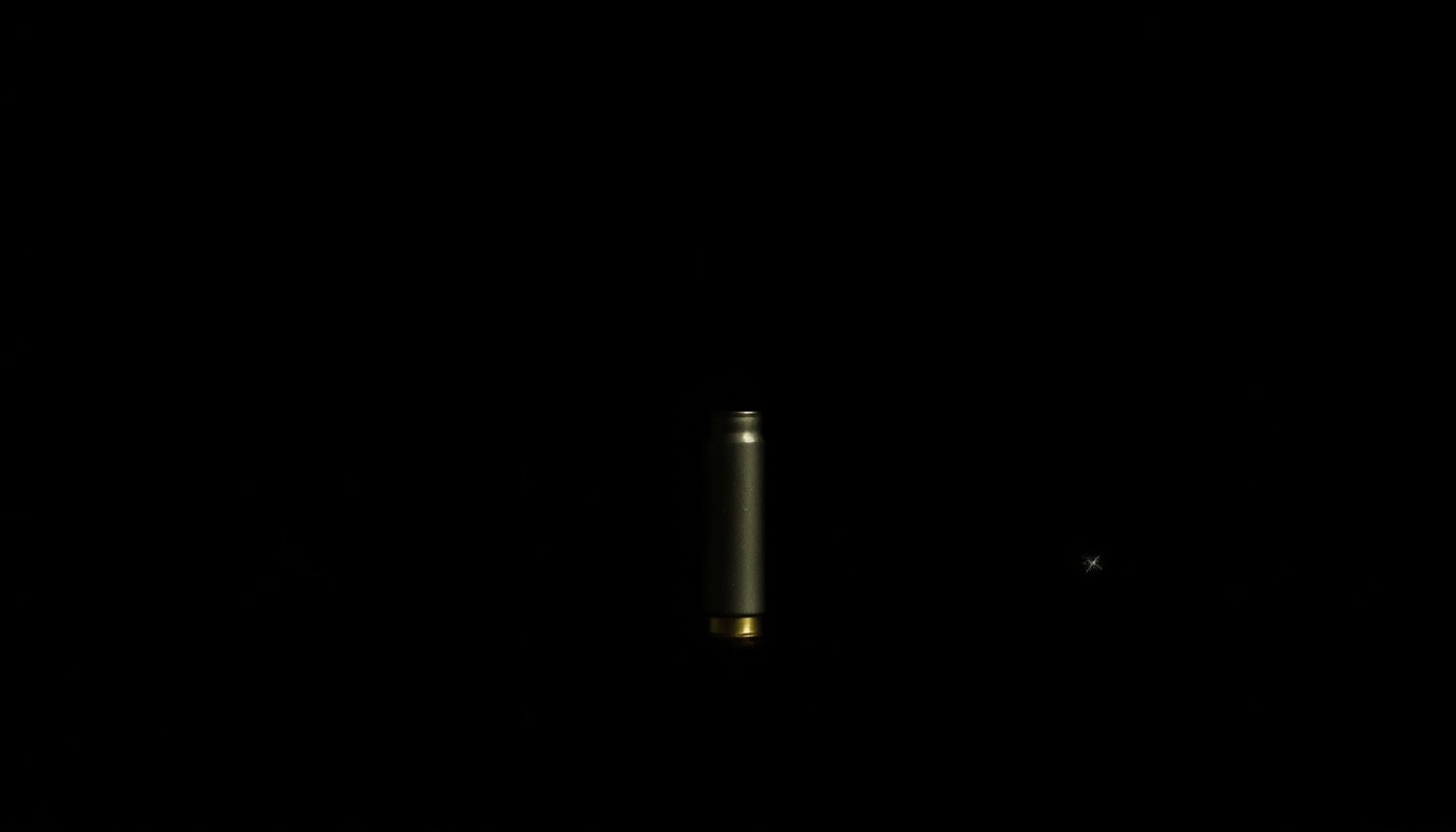 An extreme close-up photograph of a single .223-caliber rifle cartridge casing against a pitch-black background, conveying the stark, gritty nature of the crime scene investigation.