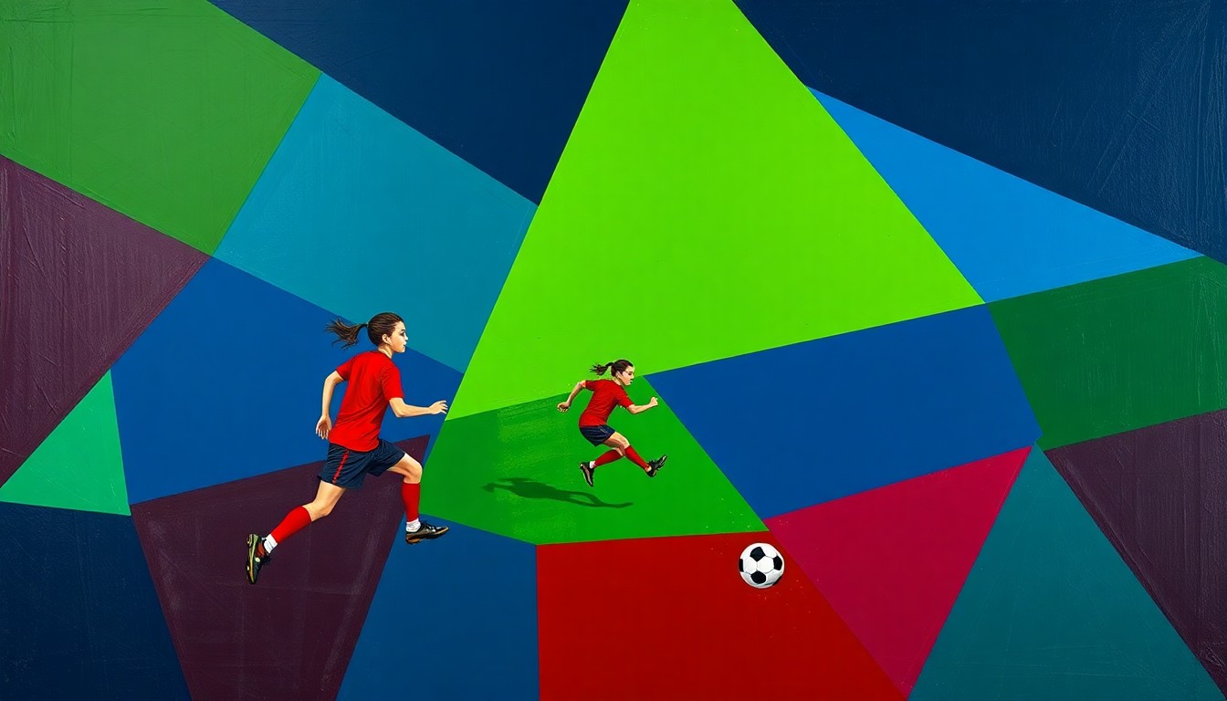 A dynamic, cubist-inspired painting depicting the fluid movements and intense action of a girls soccer match, with players and the ball fragmented into sharp, overlapping geometric shapes in a vibrant color palette.
