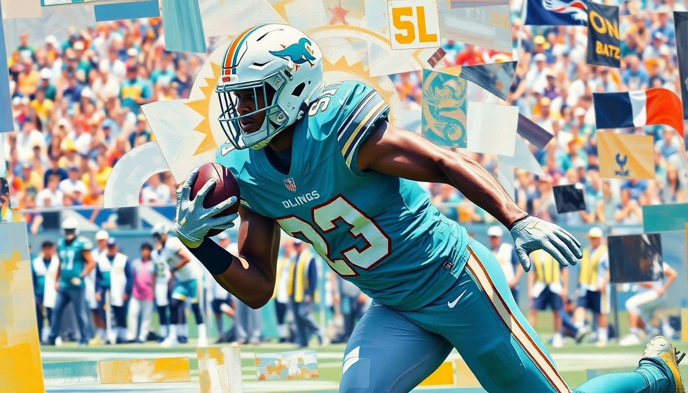 A cubist-style painting depicting a Miami Dolphins cornerback in coverage, with the player's form broken down into sharp, overlapping geometric shapes in a vibrant color palette, capturing the dynamic nature of the position.
