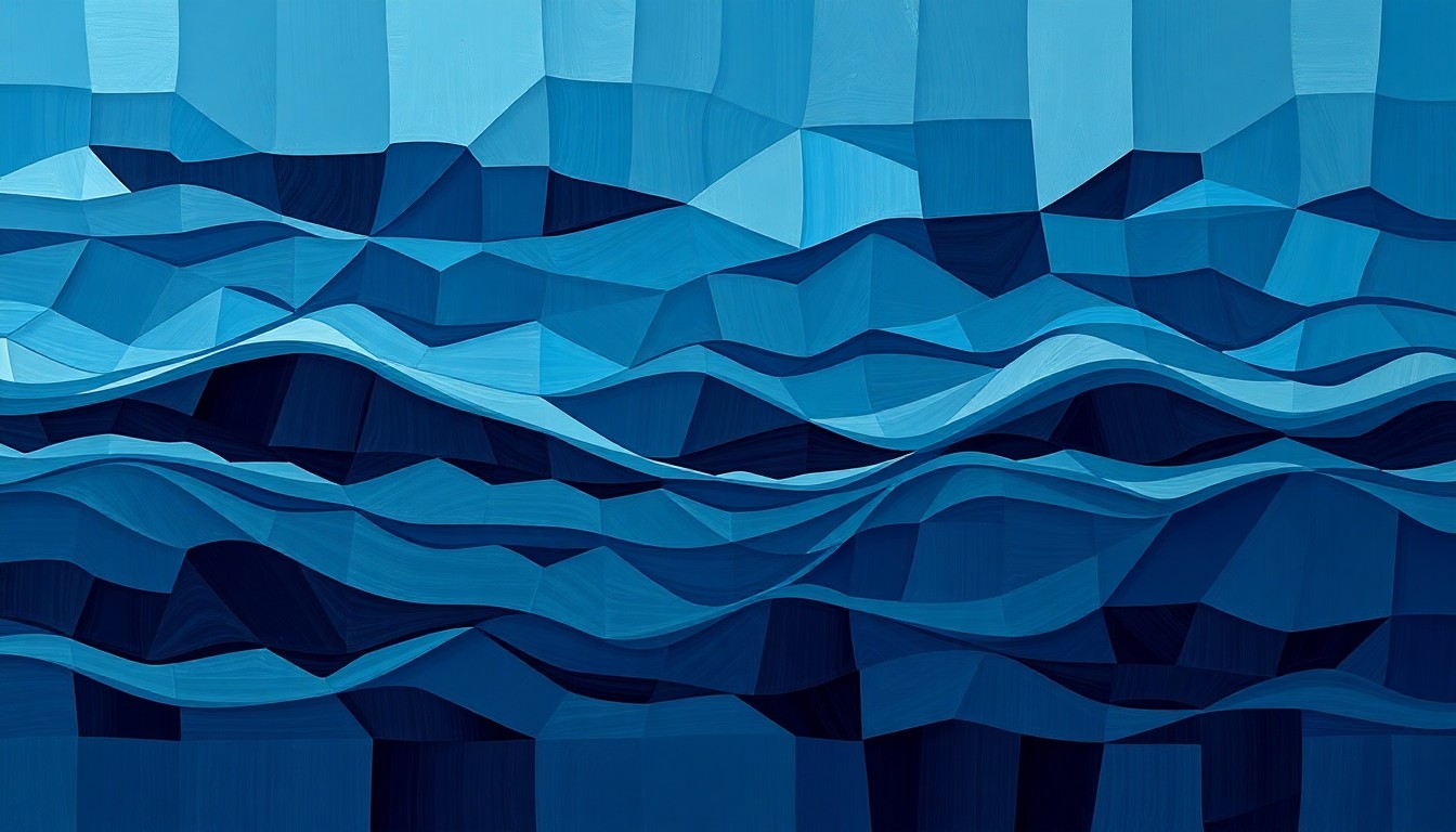 A fractured, abstract painting of the Strait of Hormuz in shades of blue, gray, and black, conveying the disruption and chaos caused by its closure.