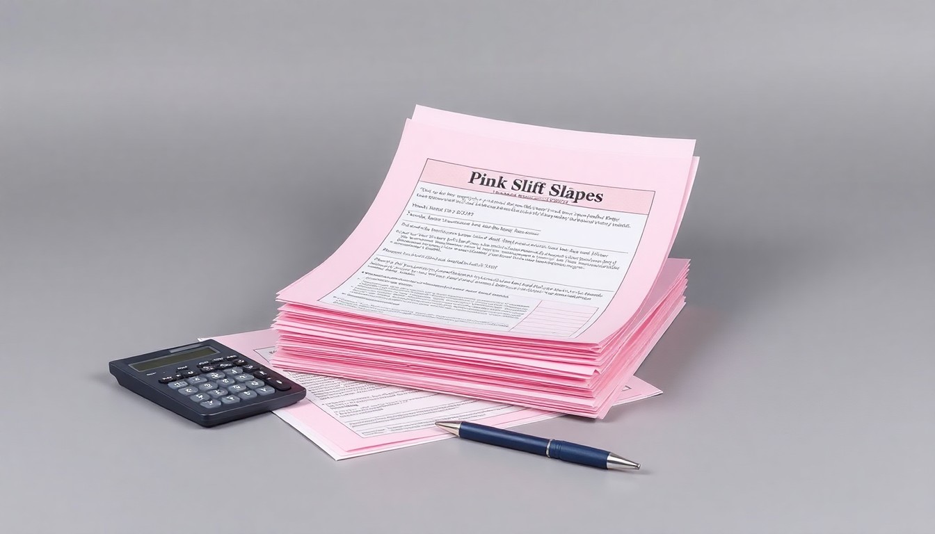 A photorealistic studio still life featuring a stack of pink-slipped employment documents, a calculator, and a pen on a clean, monochromatic grey background, symbolizing the financial and corporate impacts of the widespread layoffs across Illinois.