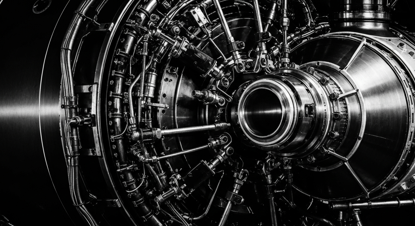 An extreme close-up of the intricate mechanical components and engineering of an aerospace propulsion system, rendered in a high-contrast, industrial style that conveys a sense of power, precision, and technological innovation.