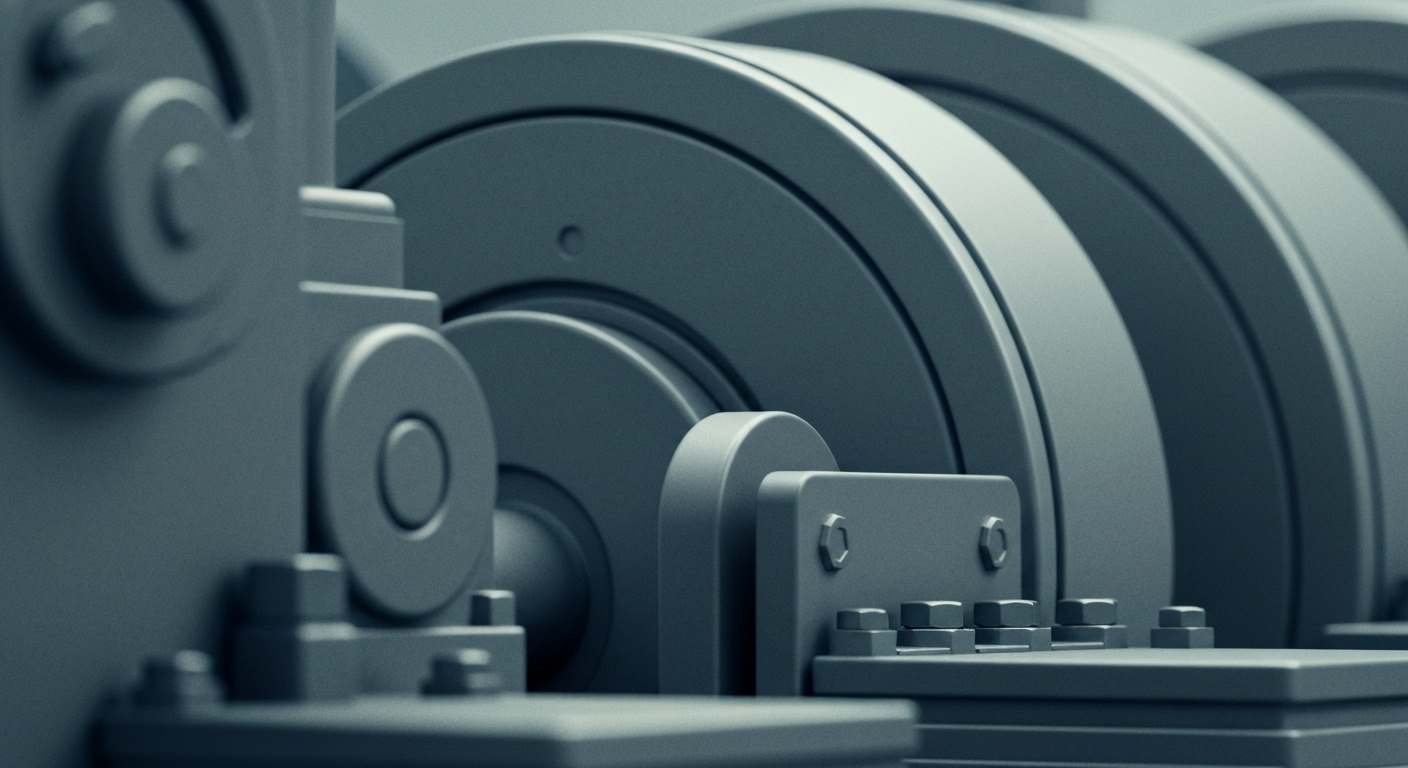 A highly detailed, black-and-white close-up image of complex banking machinery and equipment, conveying a sense of the company's financial security and stability.