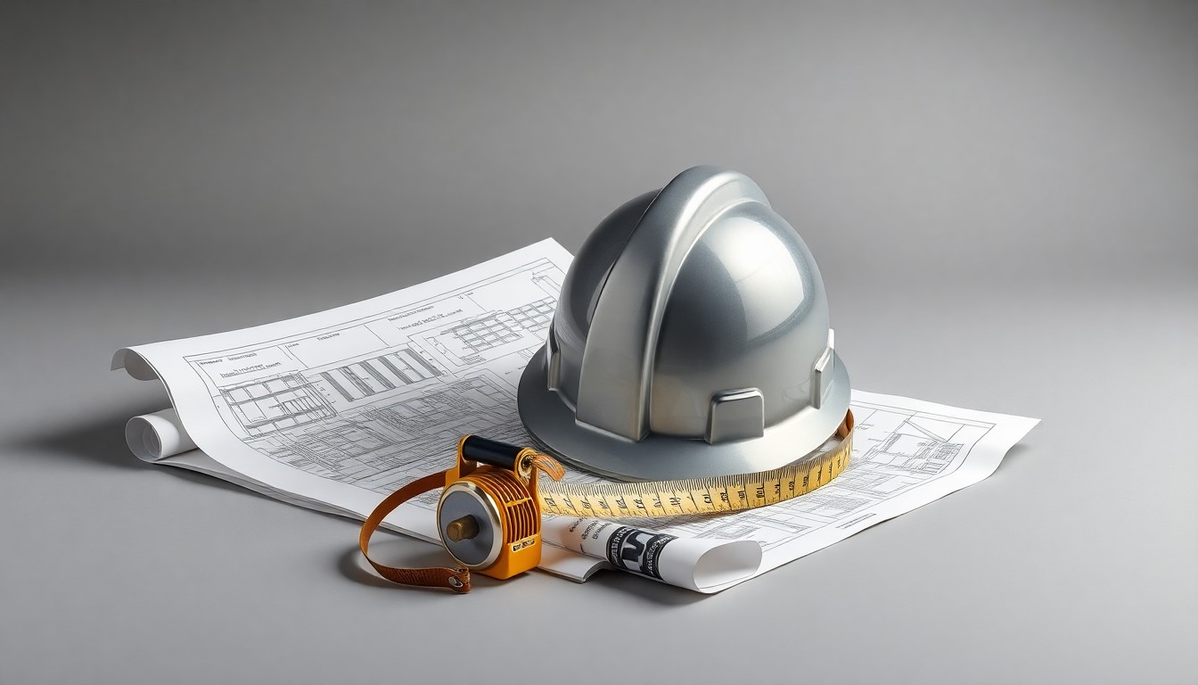 A photorealistic studio still life featuring a hard hat, measuring tape, and architectural blueprints, conceptually representing the planning and execution of a major infrastructure project.