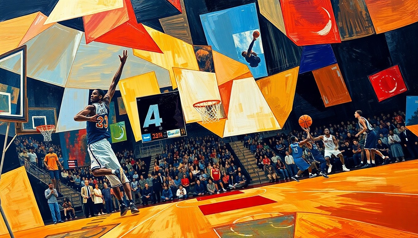 A cubist, geometric painting depicting a basketball game, with players and the court broken down into sharp, overlapping shapes and planes in a variety of colors.