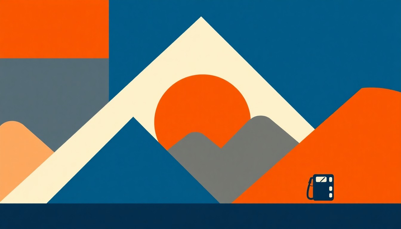 A geometric abstract illustration featuring overlapping triangles and rectangles in shades of blue, orange, and grey, conceptually representing the volatility and impact of rising fuel costs.