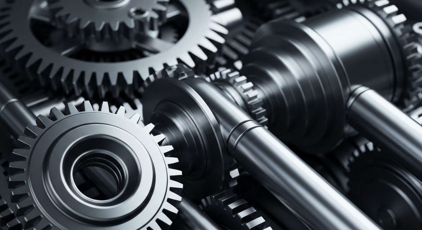 A cinematic close-up of heavy, polished metal gears and machinery in shades of silver, steel, and charcoal, conceptually representing the industrial strength and precision of Zimmer Biomet's medical devices.