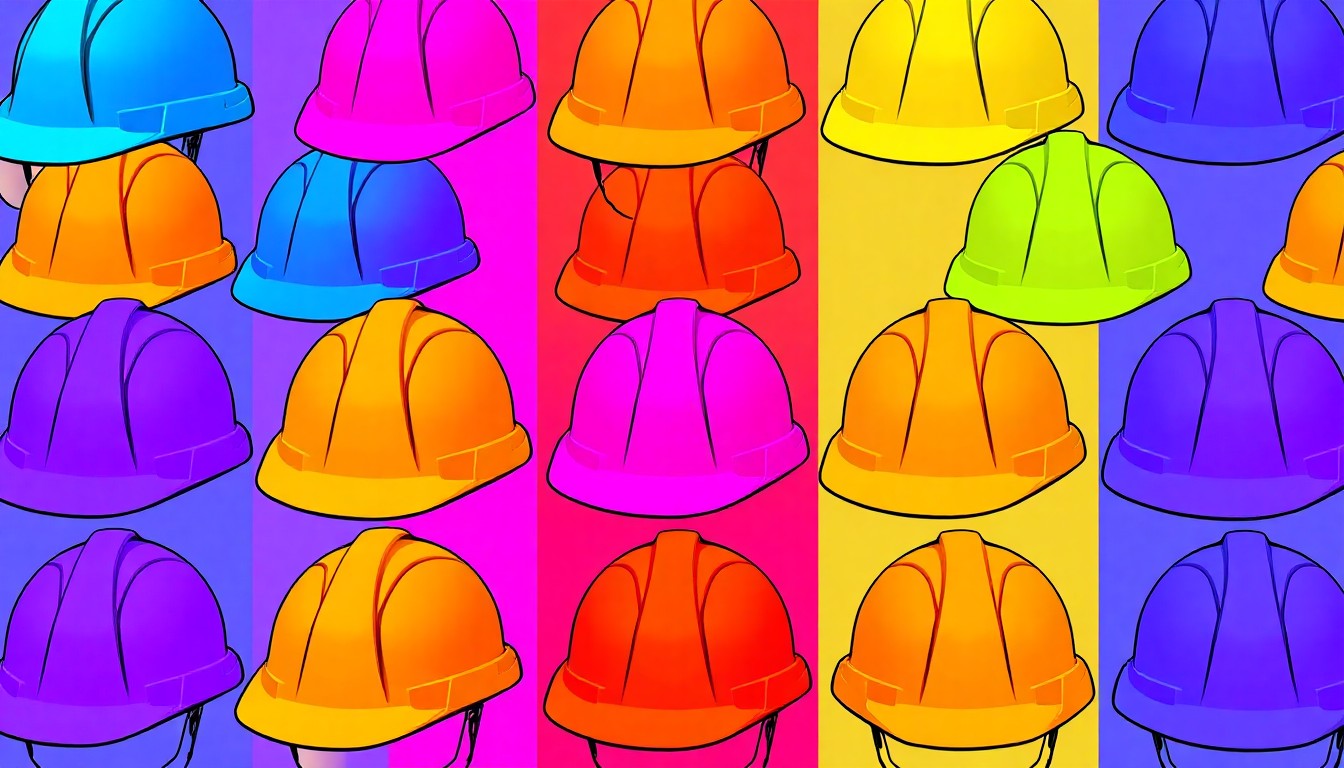 A bold, colorful silkscreen print featuring a repeated image of a construction hard hat in shades of neon orange, green, and blue, conceptually representing the workforce challenges facing the local construction industry.