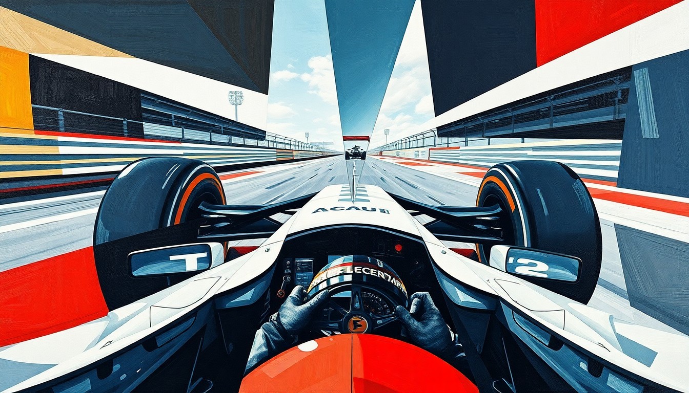 A fractured, geometric painting depicting the shapes and forms of a Formula 1 race, with the cars and driver's helmet deconstructed into sharp, overlapping planes of color.