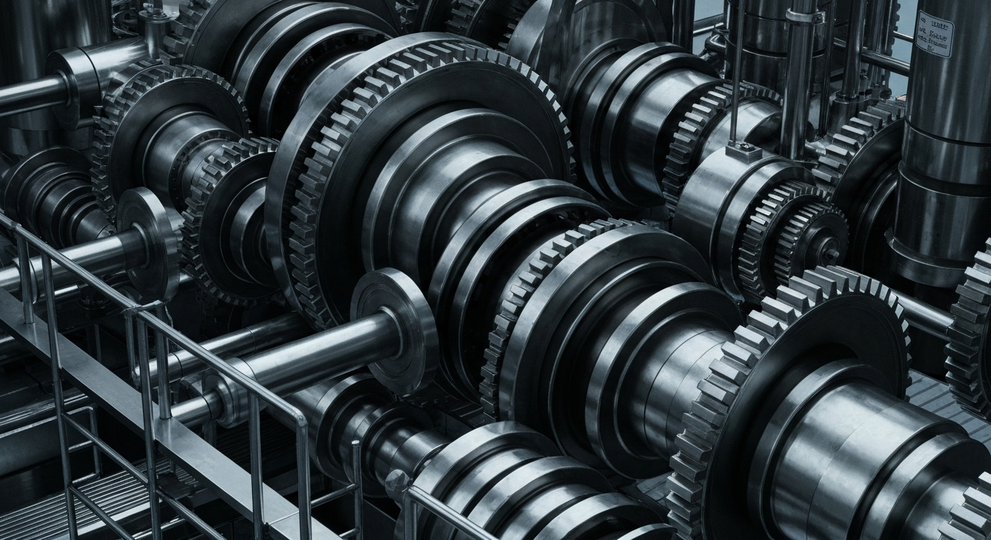A highly detailed, black-and-white close-up image of the complex machinery and components inside a pharmaceutical manufacturing plant, conveying the industrial scale and technical sophistication of the modern drug industry.