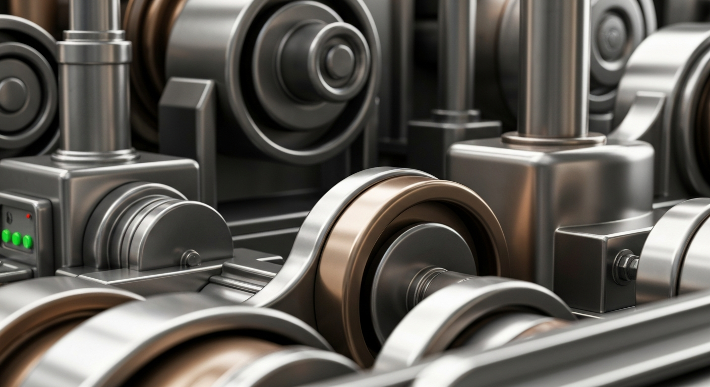 An extreme close-up of highly textured, industrial banking equipment and machinery in shades of steel, bronze, and chrome, conveying a sense of institutional financial power and security.