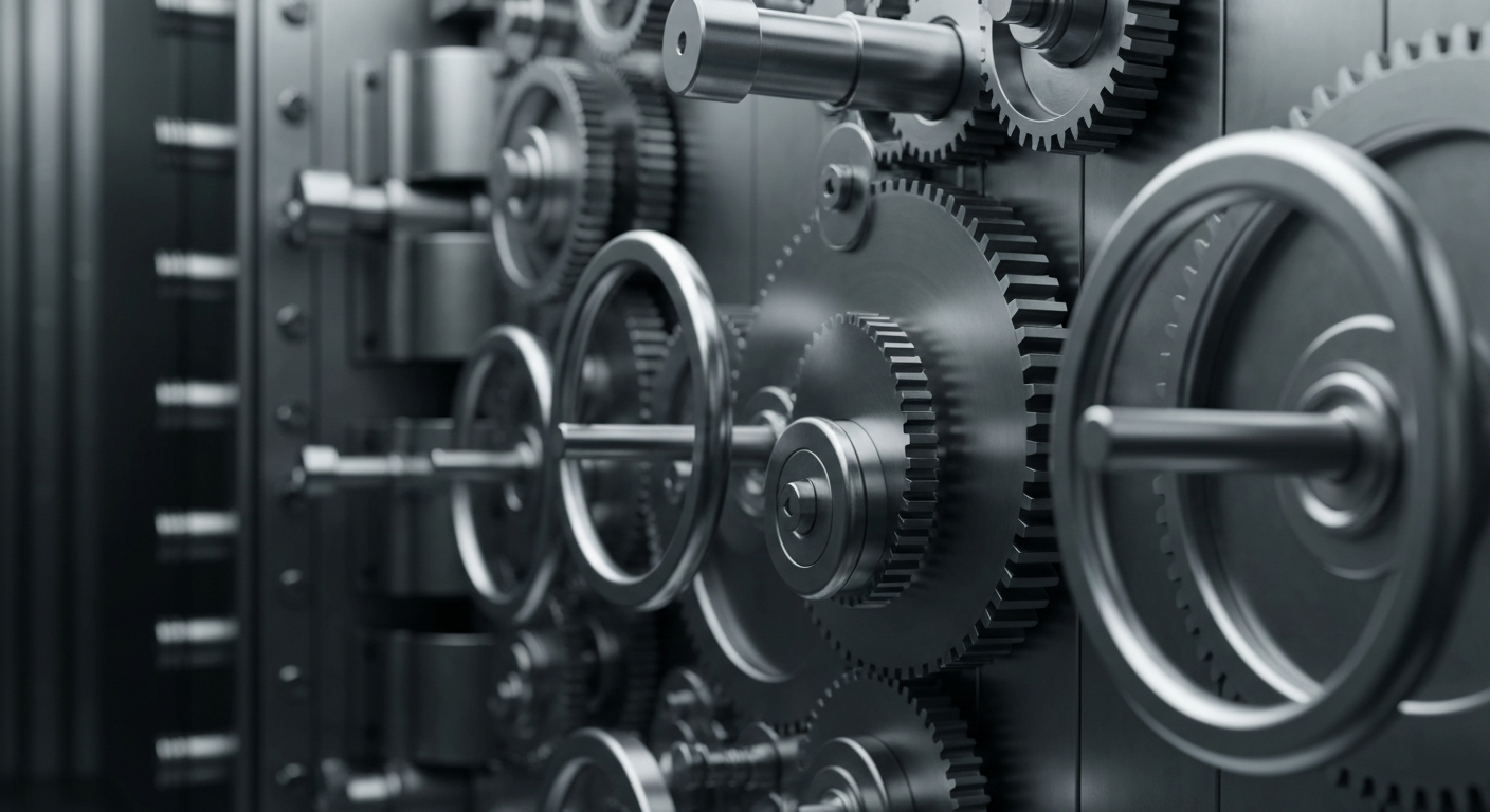 An extreme close-up of the intricate mechanical components of a bank vault, conveying a sense of financial security and institutional power through industrial imagery.