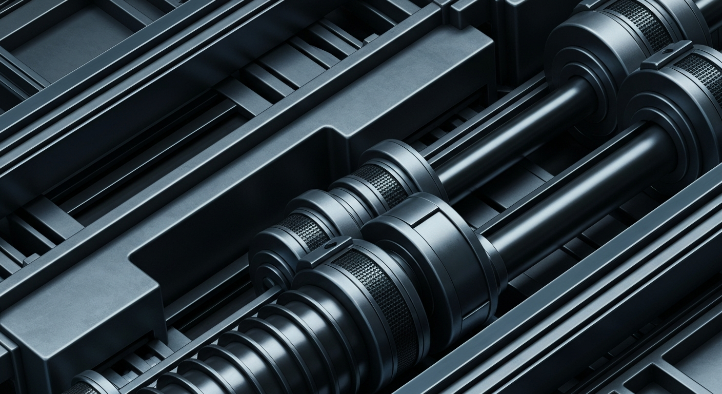 An extreme close-up of industrial banking machinery and mechanisms in shades of gunmetal grey, steel blue, and black, conveying the secure infrastructure and institutional power of the financial sector.