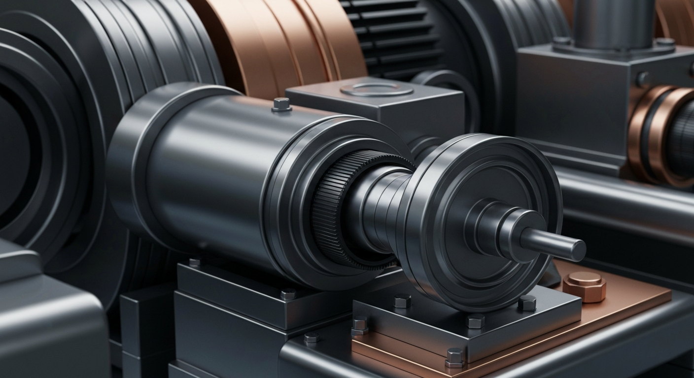 An extreme close-up of highly textured, industrial machinery and equipment in muted tones of steel, copper, and black, conceptually representing the tangible financial infrastructure that supports stock market activity.