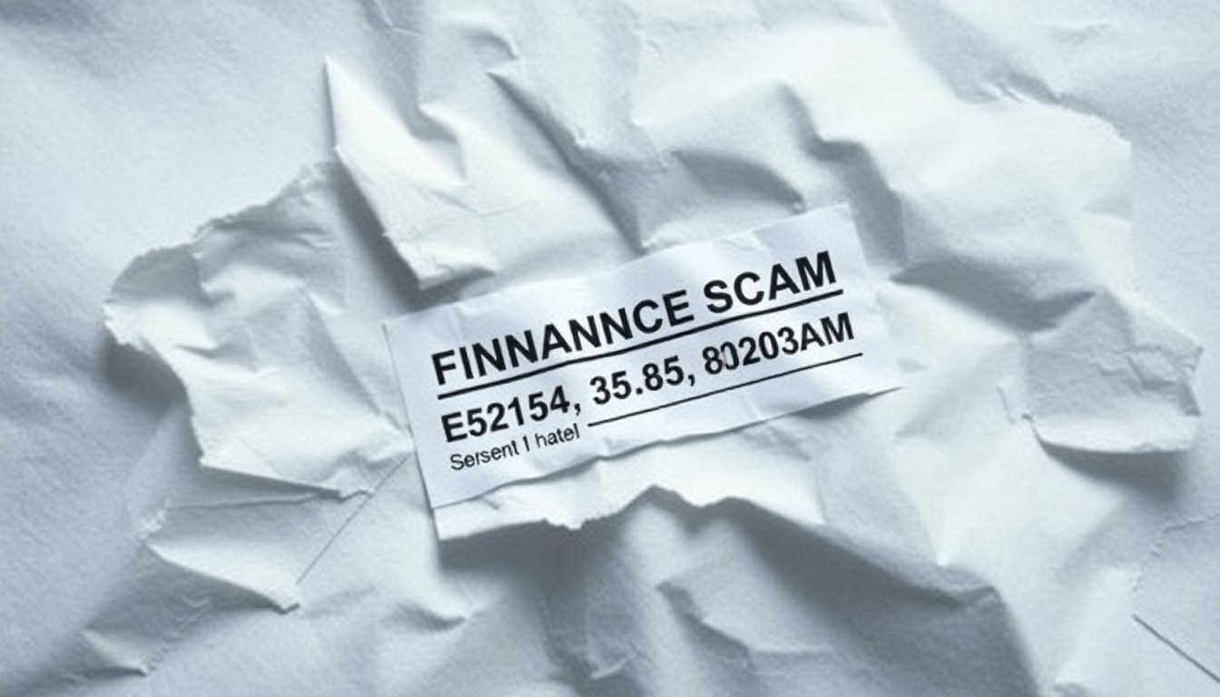 An extreme close-up photograph of a crumpled, torn envelope with a return address label, conceptually representing the physical evidence of a financial scam.