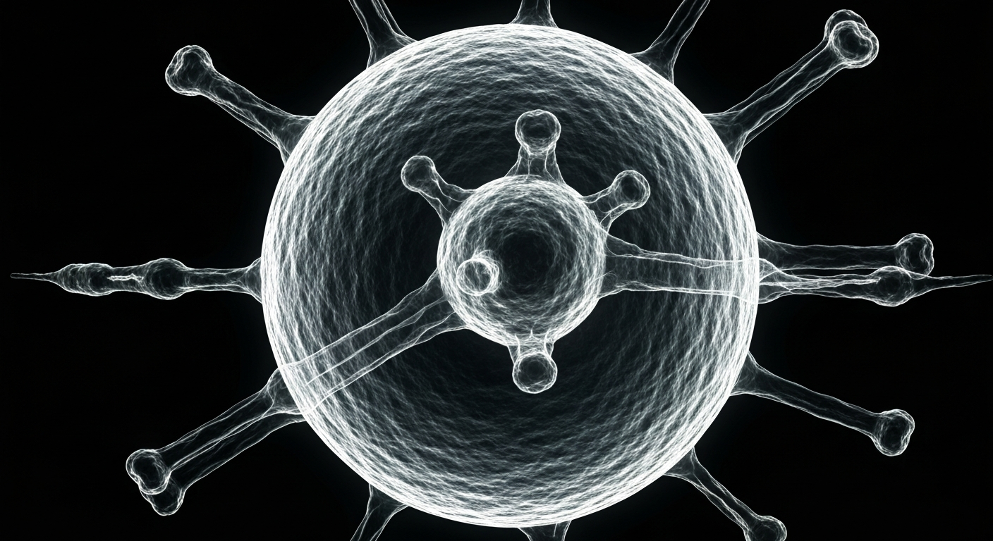 A ghostly, translucent X-ray image showing the intricate molecular structure of the SARS-CoV-2 virus, conceptually representing the evolving nature of COVID-19 variants and the ongoing challenge of combating the pandemic.