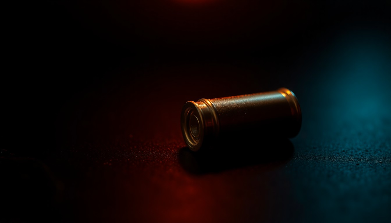 An extreme close-up photograph of a single spent bullet casing on a dark surface, lit by a harsh, direct camera flash, conceptually representing the threat of gun violence in retail settings.