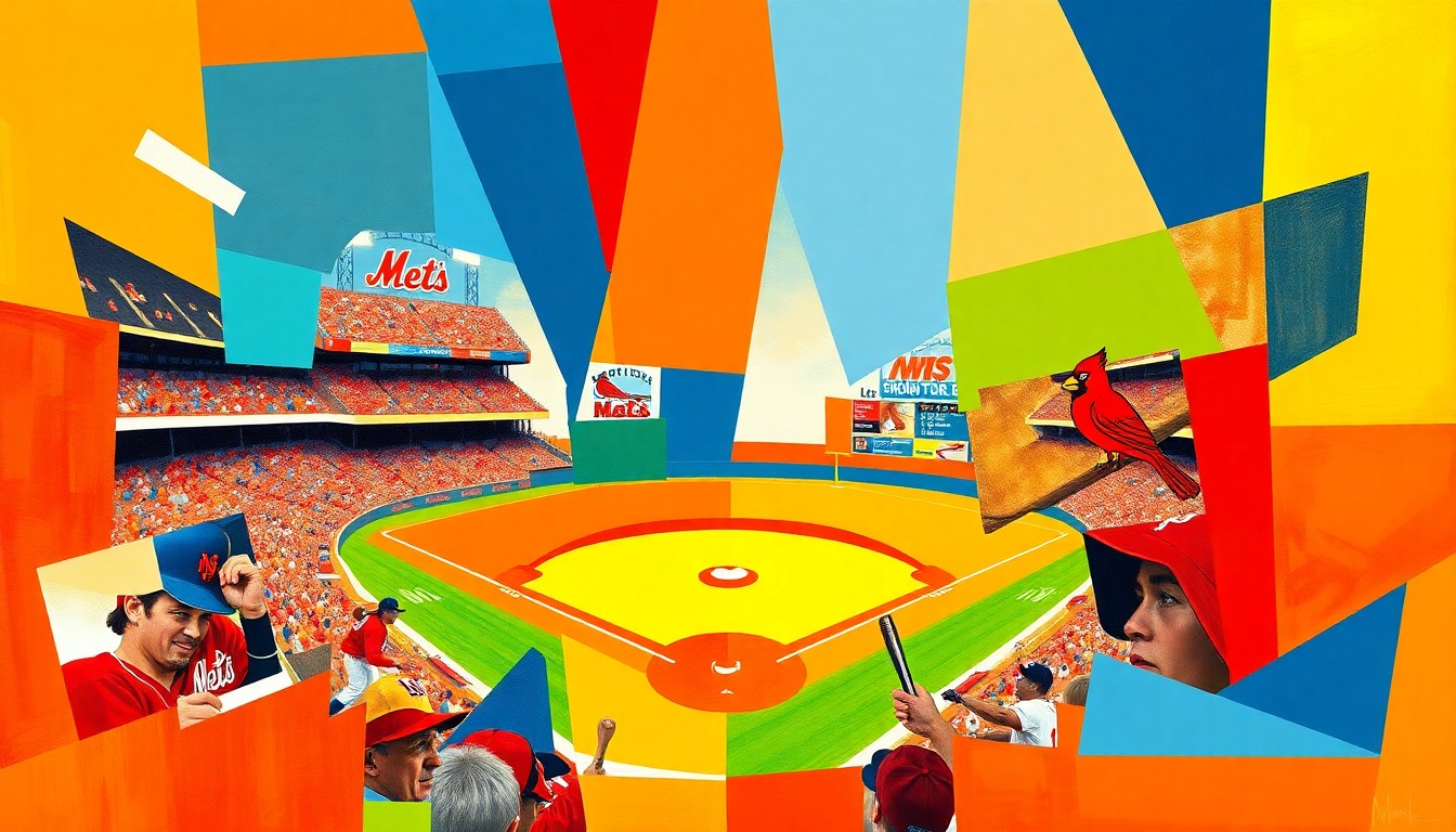 A cubist, geometric painting depicting a baseball game between the New York Mets and St. Louis Cardinals, with the players and field broken down into sharp, overlapping planes of vibrant blue, orange, red, and white.