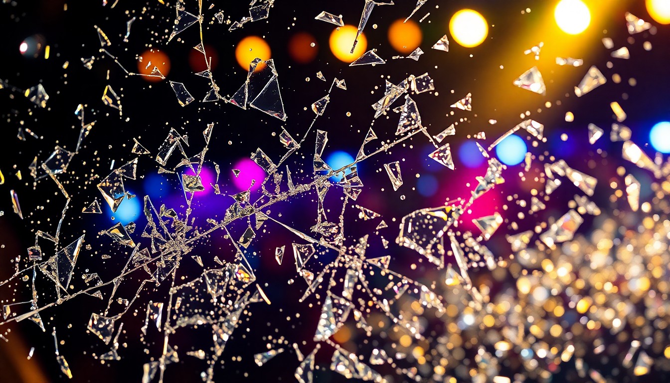 An extreme close-up of shattered, reflective glass fragments in dramatic, high-contrast lighting, conveying the vibrant, glamorous energy of a major music festival.