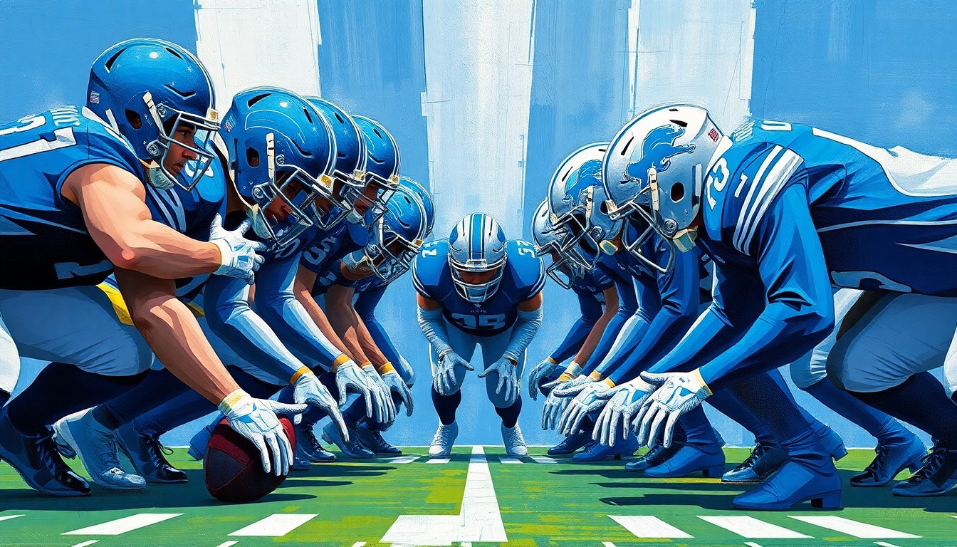 A cubist, geometric painting depicting an offensive line in overlapping planes of blue and silver, conveying the strategic flexibility and protection the Lions' line could provide.