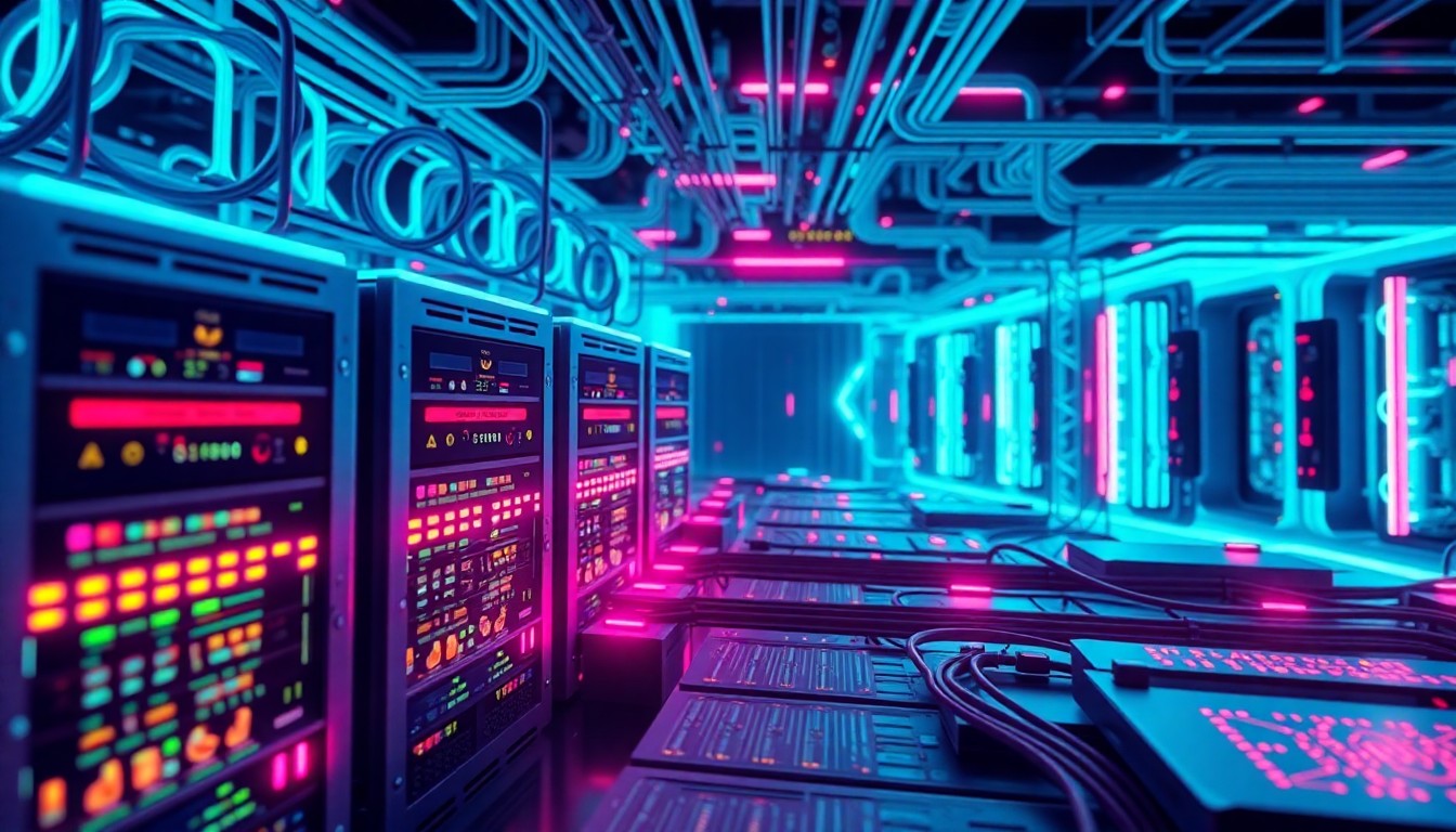 A highly detailed, glowing 3D illustration of futuristic digital infrastructure components like servers, cables, and circuit boards, bathed in a vibrant neon cyan and magenta color palette, conceptually representing the convergence of business, marketing, and technology at the TECHSPO Boston 2026 conference.