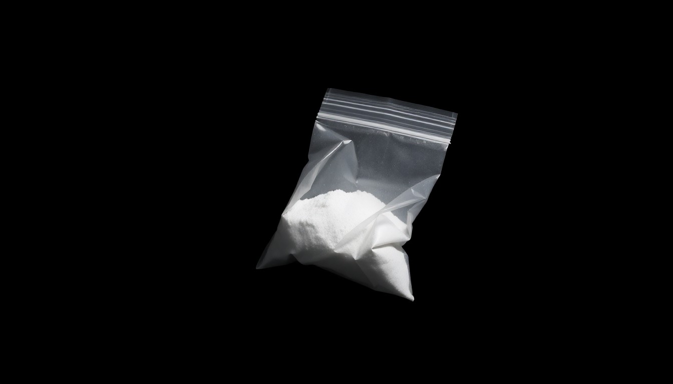 An extreme close-up photograph of a small plastic bag containing white powder, lit by a harsh, direct camera flash against a pitch-black background, conceptually representing the chaotic nature of a drug raid incident.