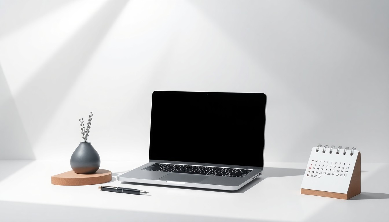 A photorealistic studio still life featuring a sleek laptop, a stylish pen, and a minimalist desk calendar, arranged elegantly on a clean, monochromatic background to represent the abstract concepts of digital marketing and industry trends.