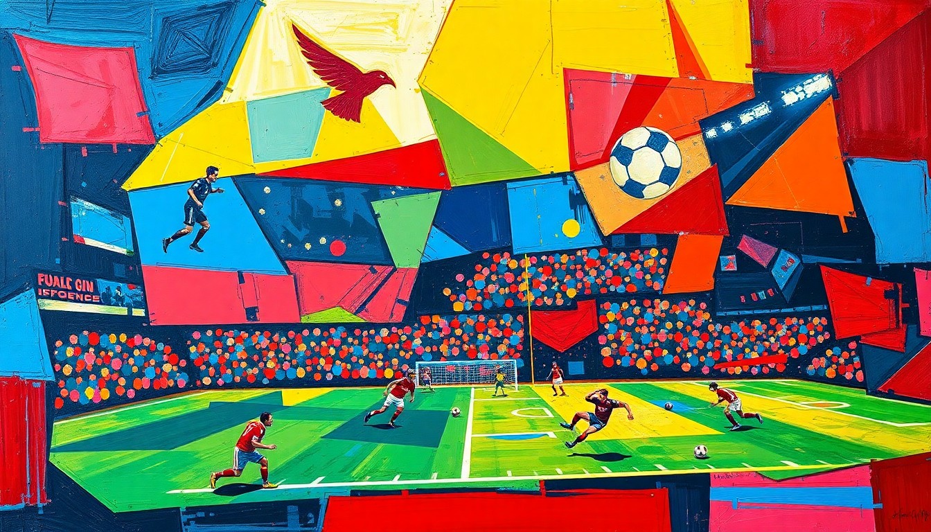 A cubist, geometric painting depicting a fragmented football game or match, with sharp planes of color and overlapping shapes representing the fast-paced action on the field.