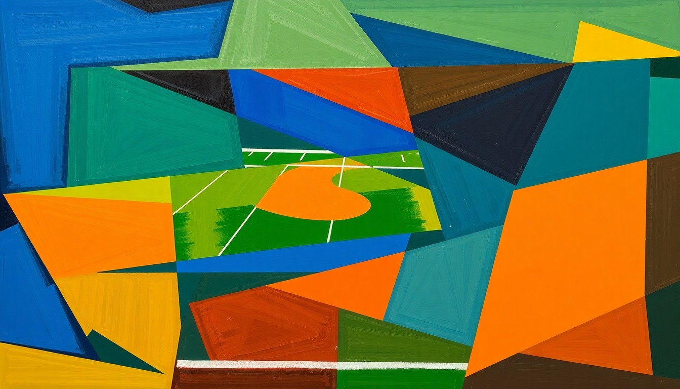 A cubist, geometric painting depicting overlapping planes and shapes in navy, green, and orange hues, representing the collaborative process between the Giants' front office and new head coach John Harbaugh as they prepare for the upcoming NFL Draft.