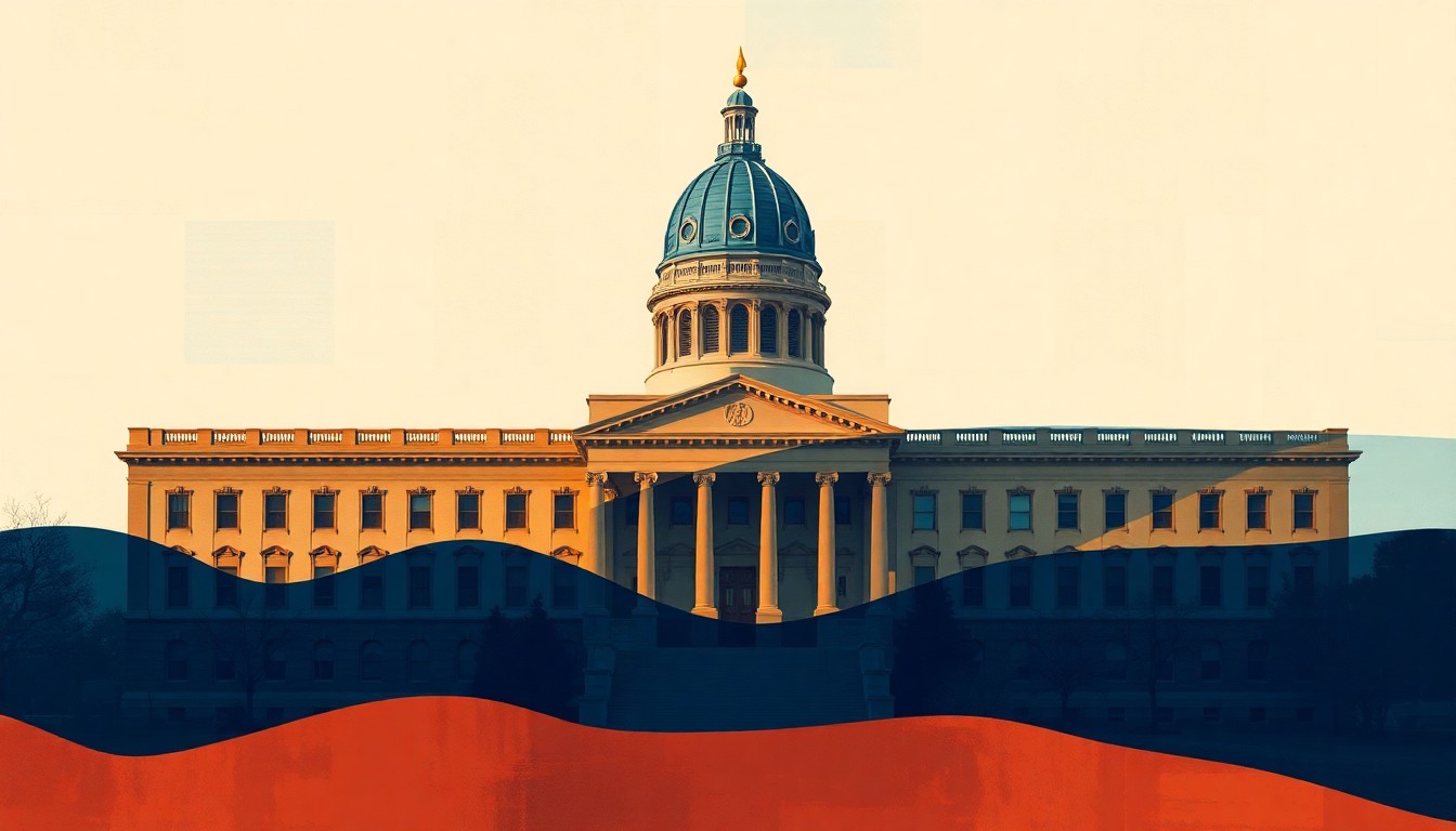 A highly stylized, abstract painting featuring overlapping geometric shapes and brushstrokes in warm earth tones and cool blues, conceptually representing the political tensions and debates that took place on the final day of the South Dakota legislative session.