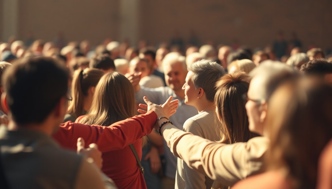 An abstract, out-of-focus photograph in warm tones depicting a crowd of people shaking hands and embracing, conveying a sense of community and connection in a meaningful celebration.