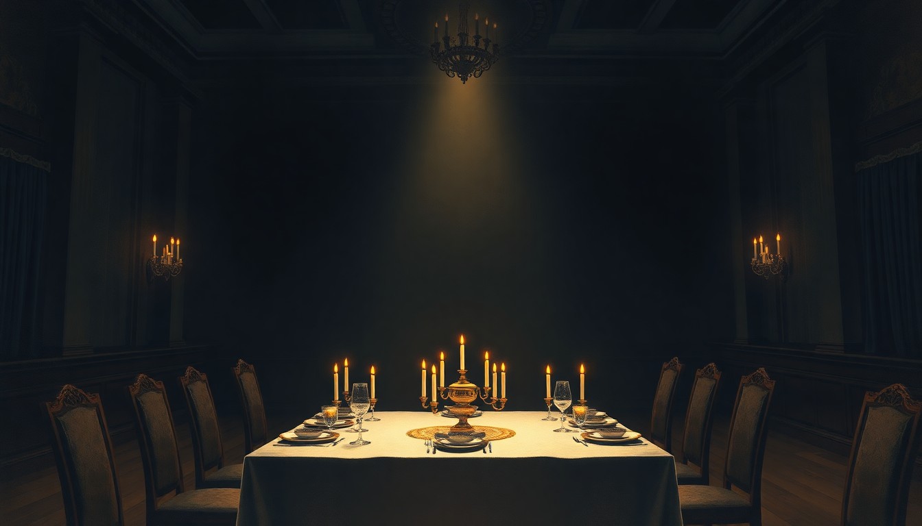 A cinematic painting of an empty, dimly lit banquet hall with a single spotlight illuminating an ornate Passover seder table, conveying a sense of tension and unease through the use of deep shadows and warm, diagonal lighting.