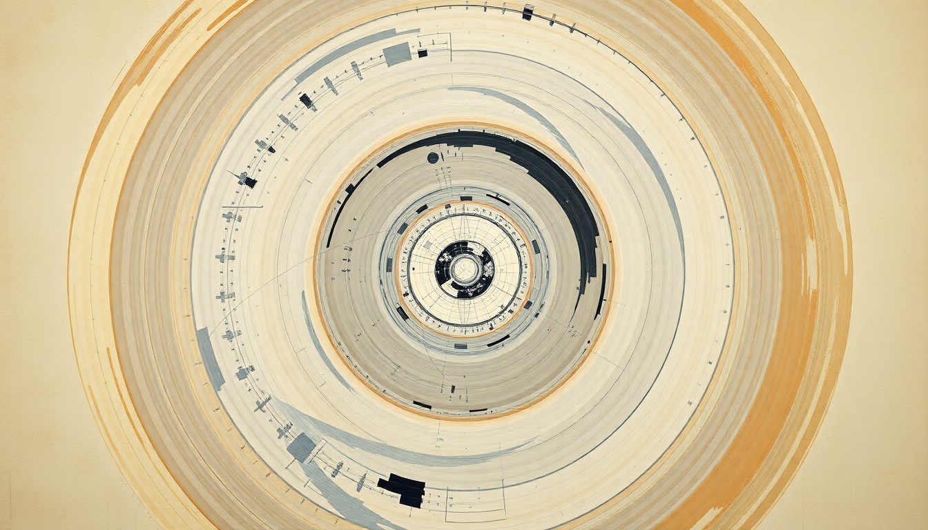 A bold, abstract painting in soft blues, greens, and oranges, featuring sweeping geometric arcs, concentric circles, and precise spirals, conceptually representing the complex forces and concepts involved in the Artemis II mission to the Moon.