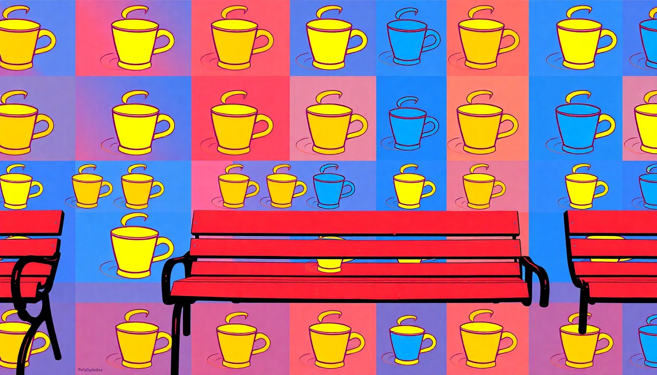 A high-contrast, silkscreen-style illustration of an outdoor seating arrangement, repeated in a grid pattern with bold, neon-like colors, conceptually representing the modern, lifestyle-focused design of the Parkside development.