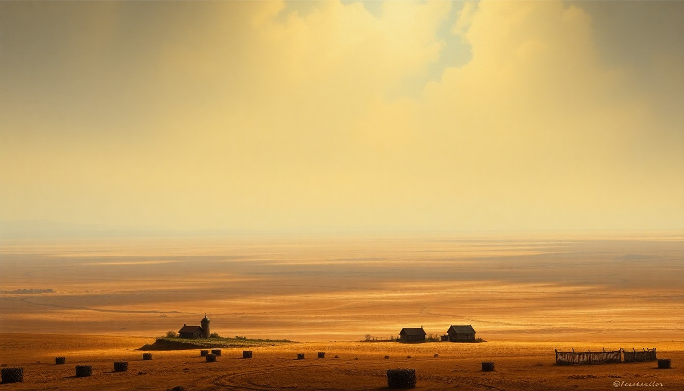A sweeping, atmospheric landscape painting depicting a small farmhouse or water tower in the distance, dwarfed by an expansive, hazy horizon under a dramatic, backlit sky, conveying the overwhelming scale of the natural environment during a period of drought.