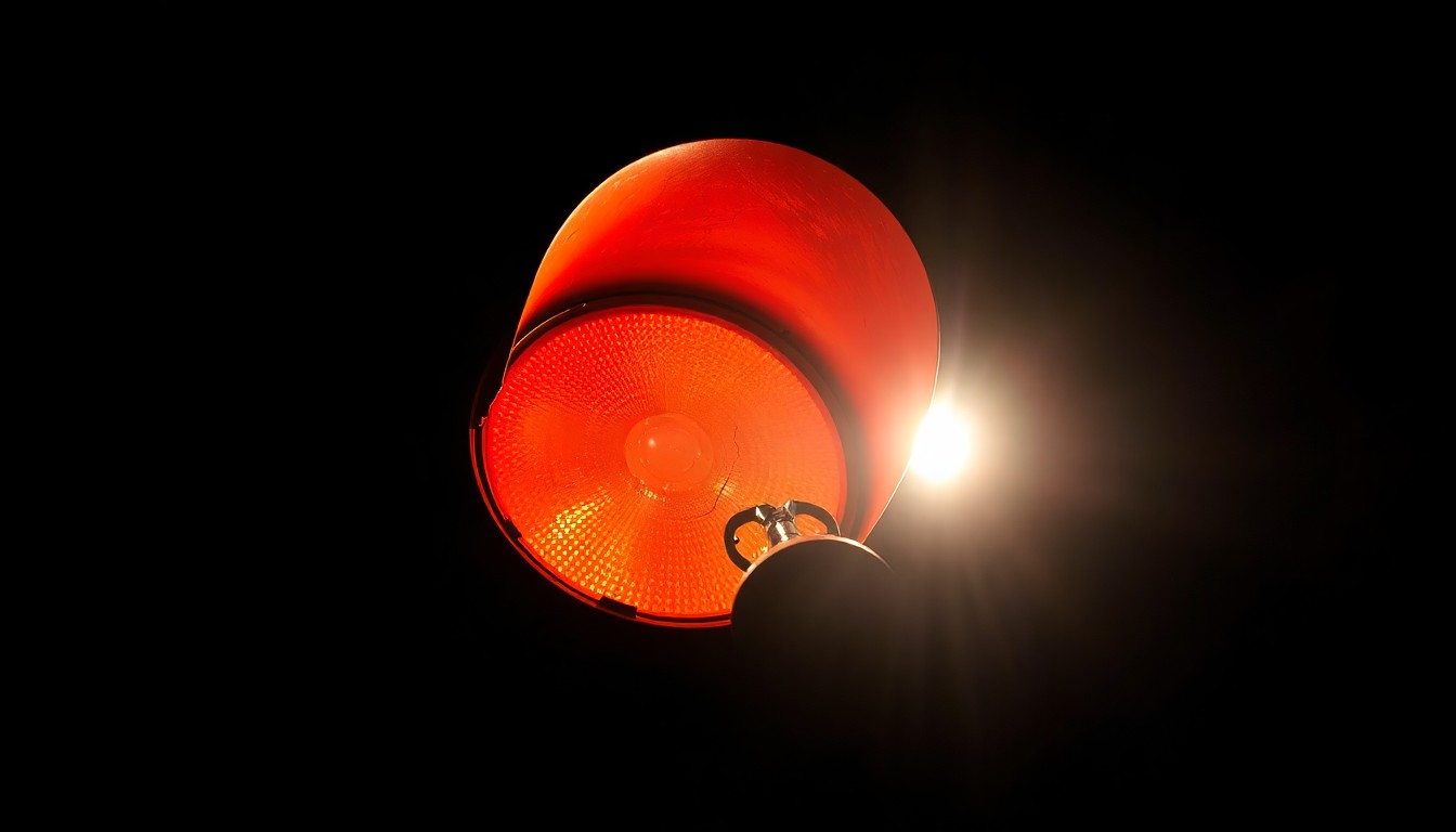 An extreme close-up photograph of a damaged train crossing signal light, its cracked and twisted metal conveying the violence of the collision that occurred.