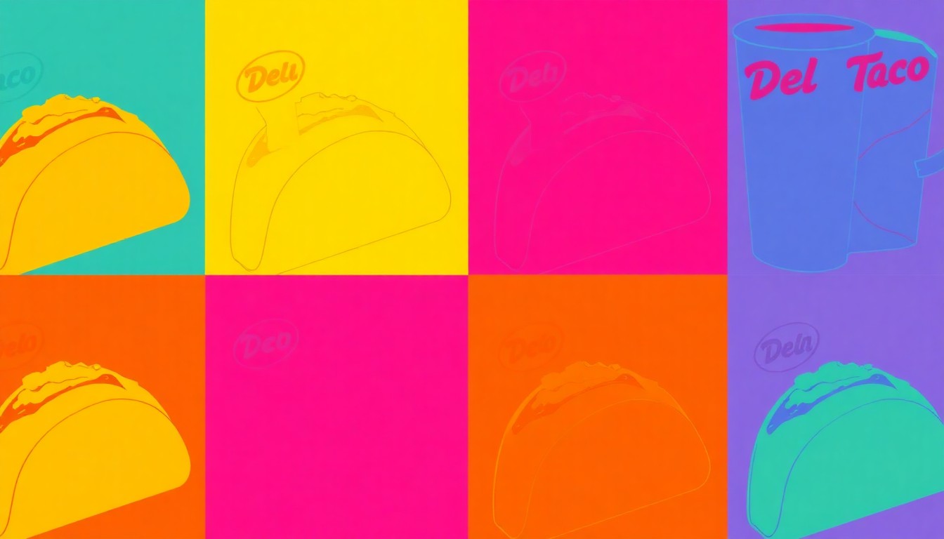 A brightly colored, high-contrast silkscreen print of a single, iconic Del Taco fast food item repeated in a tight grid pattern, conceptually representing the local community's embrace of this last remaining Colorado Del Taco location.