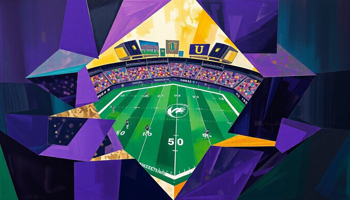 A cubist, geometric painting depicting a fragmented, multi-perspective view of a Huskies football game or practice, with sharp, overlapping planes of deep purple, forest green, and metallic gold.