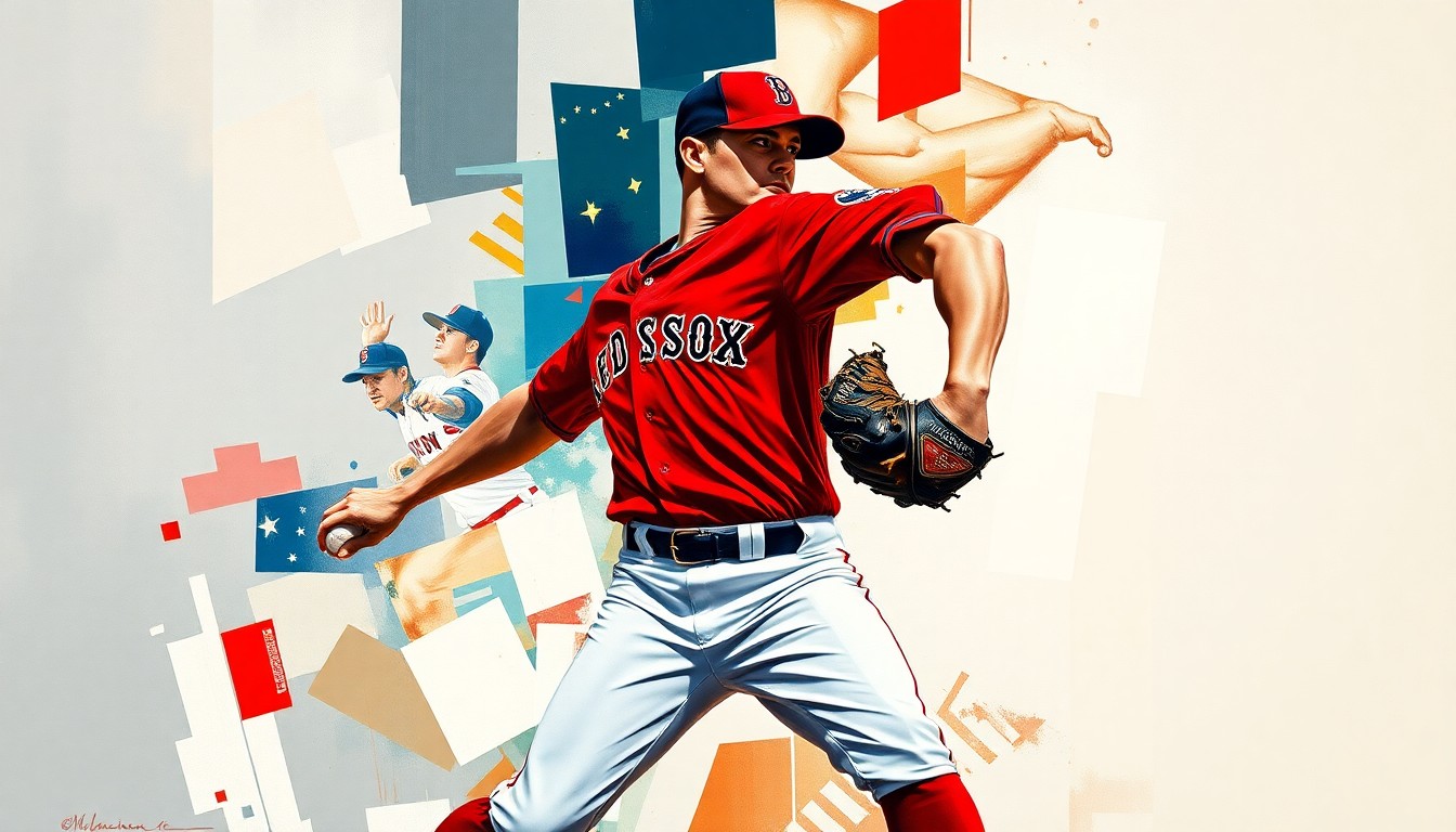A fragmented, geometric painting in bold Red Sox colors depicting a baseball pitcher's motion, conveying the team's determination to overcome past setbacks.