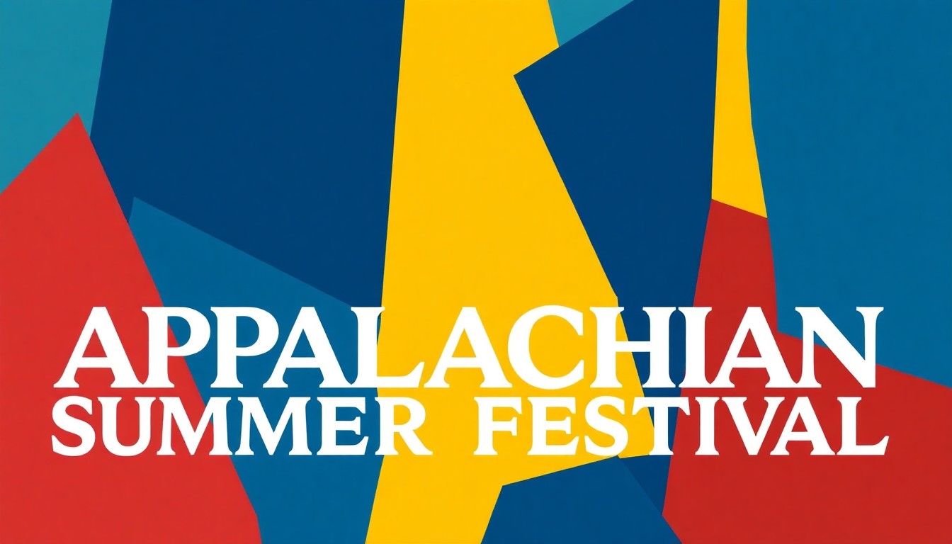 An abstract, minimalist illustration composed of bold, jagged shapes in shades of blue, yellow, and red, conceptually representing the diverse artistic programming of the Appalachian Summer Festival.