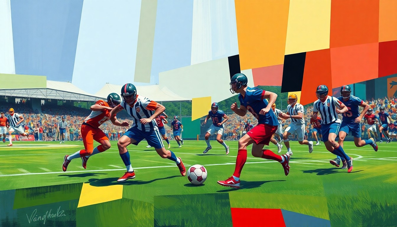 A cubist, geometric painting depicting a flag football game, with players, the ball, and the field broken down into overlapping planes of bright, vibrant colors.